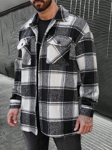 Loose Fit Men's Plaid Print Overcoat With Flap Pockets