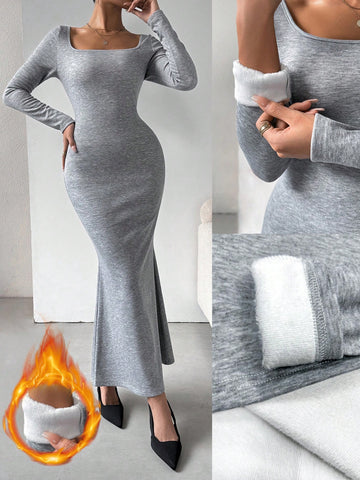 Square Neck Mermaid Hem Thermal Dress