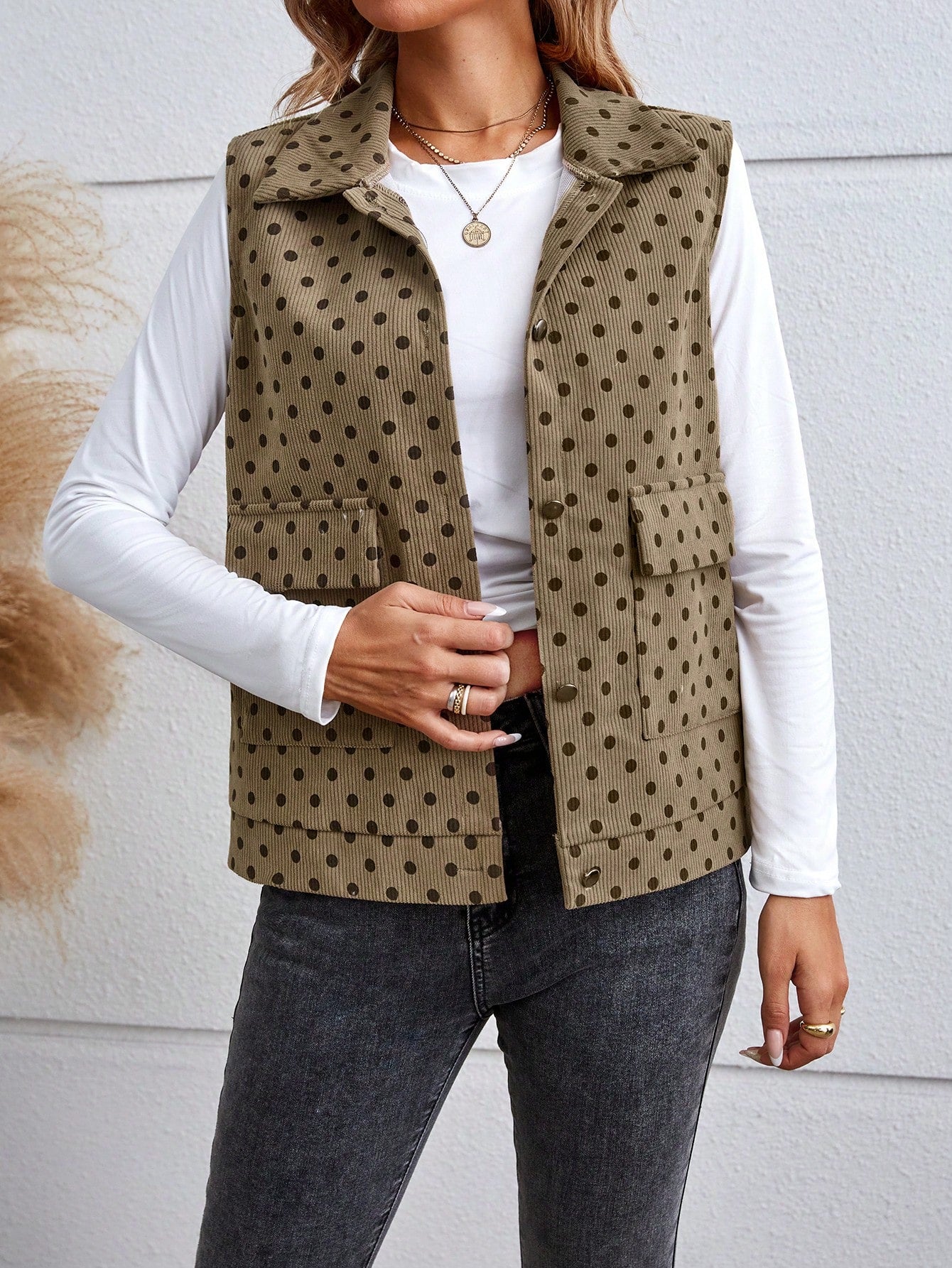 Women's Polka Dot Print Corduroy Sleeveless Jacket