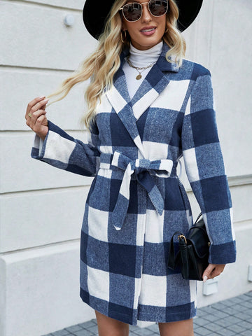 Women's Plaid Notched Lapel Belted Woolen Coat