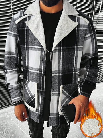 Loose Fit Men's Plaid Print Zip Up Overcoat With Double Pockets And Thermal Lining