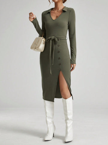 Women's Solid Color Button Detail High Front Slit Belted Dress