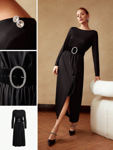 BELTED RHINESTONE DETAIL DRESS