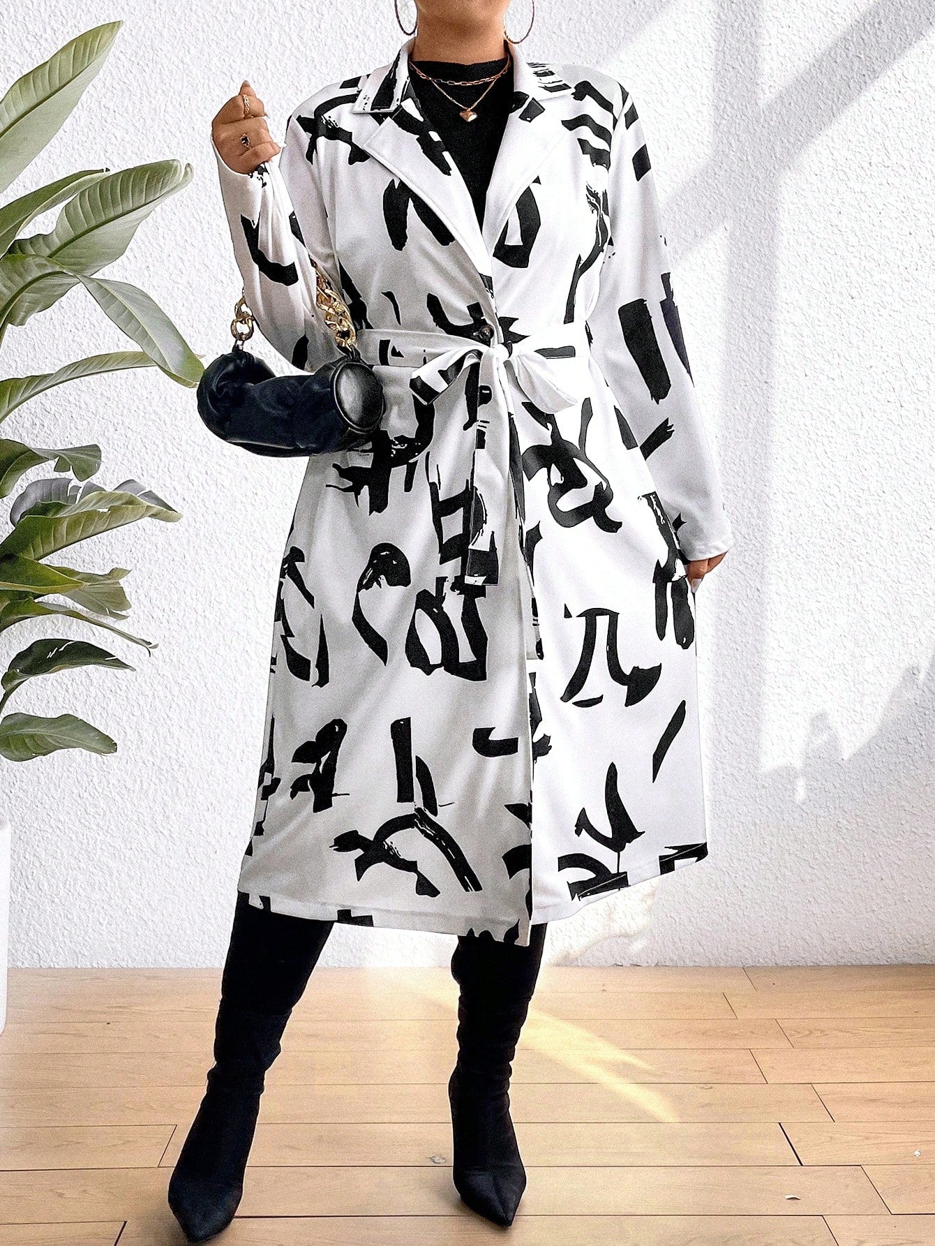 Women's Plus Size Random Print Coat With Lapel Necktie Belt