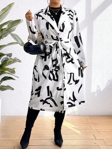 Women's Plus Size Random Print Coat With Lapel Necktie Belt