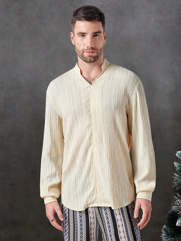 Loose-Fit Men's Textured Notched Neck Long Sleeve Shirt