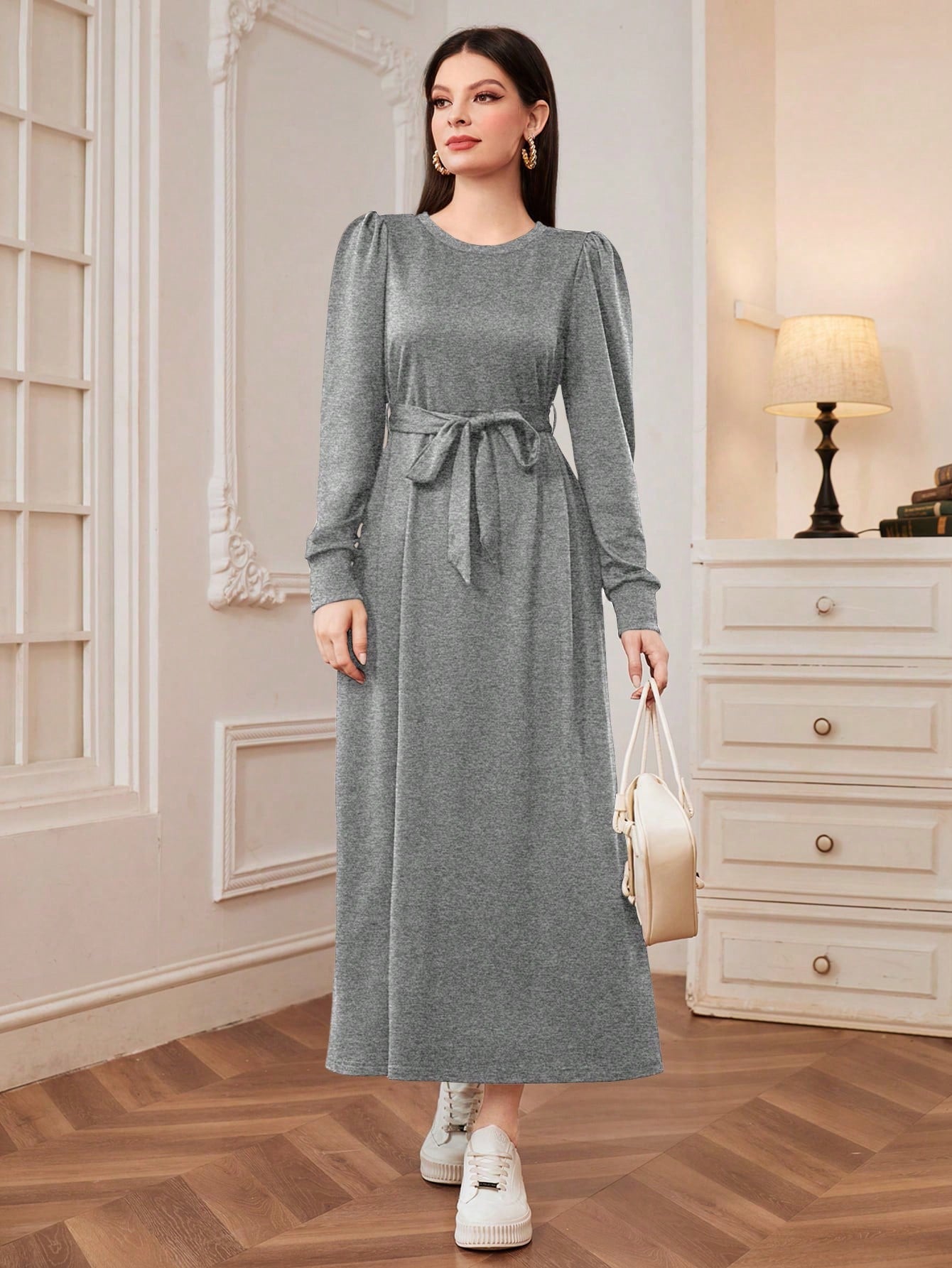 Solid Color Round Neck Belted Sweatshirt Dress