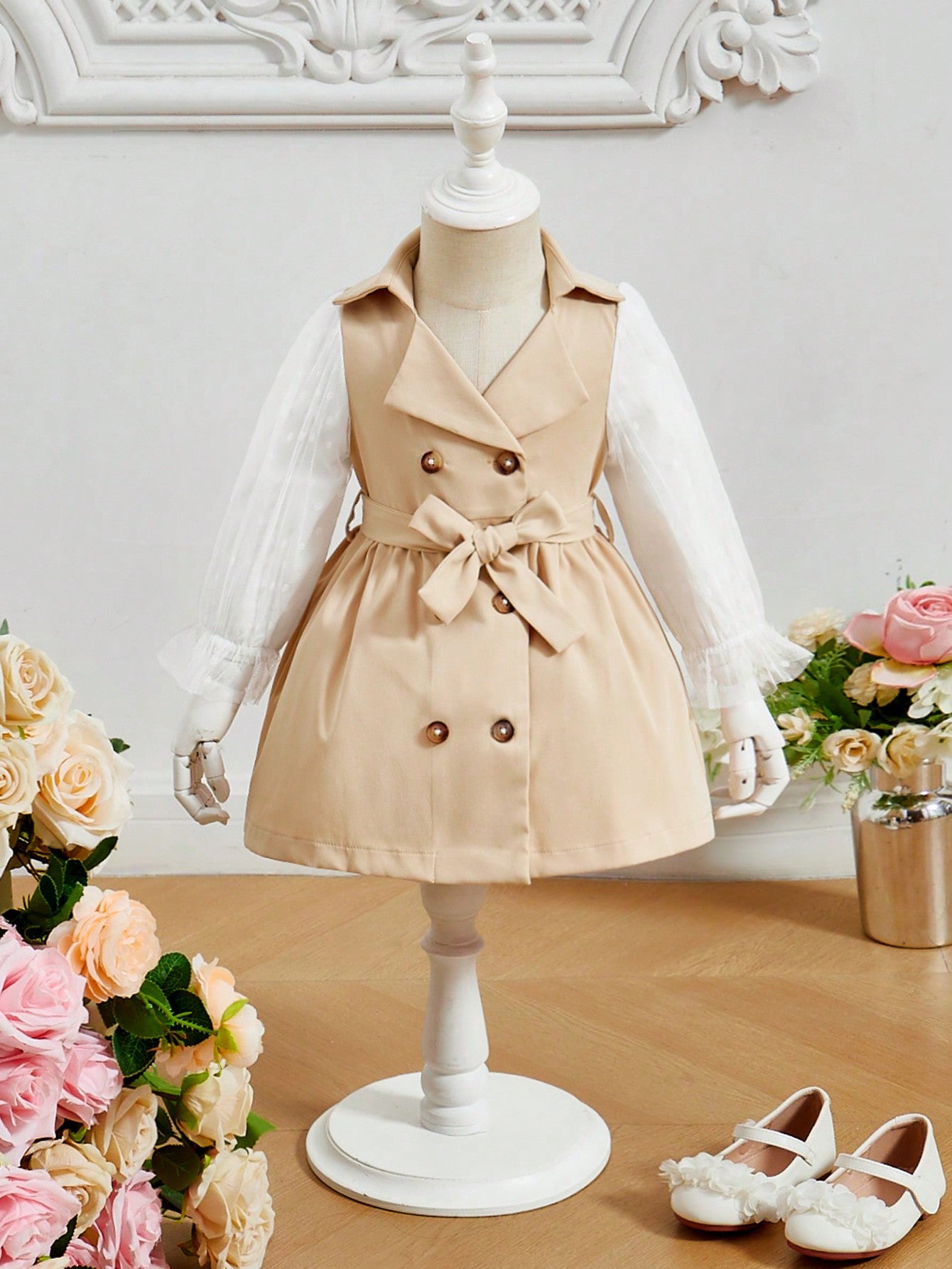 Baby Girls' Casual College Style Elegant Mesh Puff Sleeve Trench Coat With Lapel Collar, Suitable For Autumn Outdoor Activities