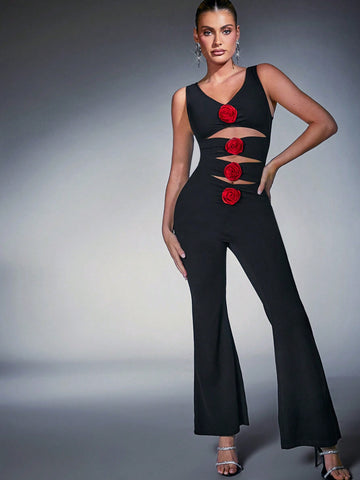 3D Rosette Cut Out Flare Leg Jumpsuit