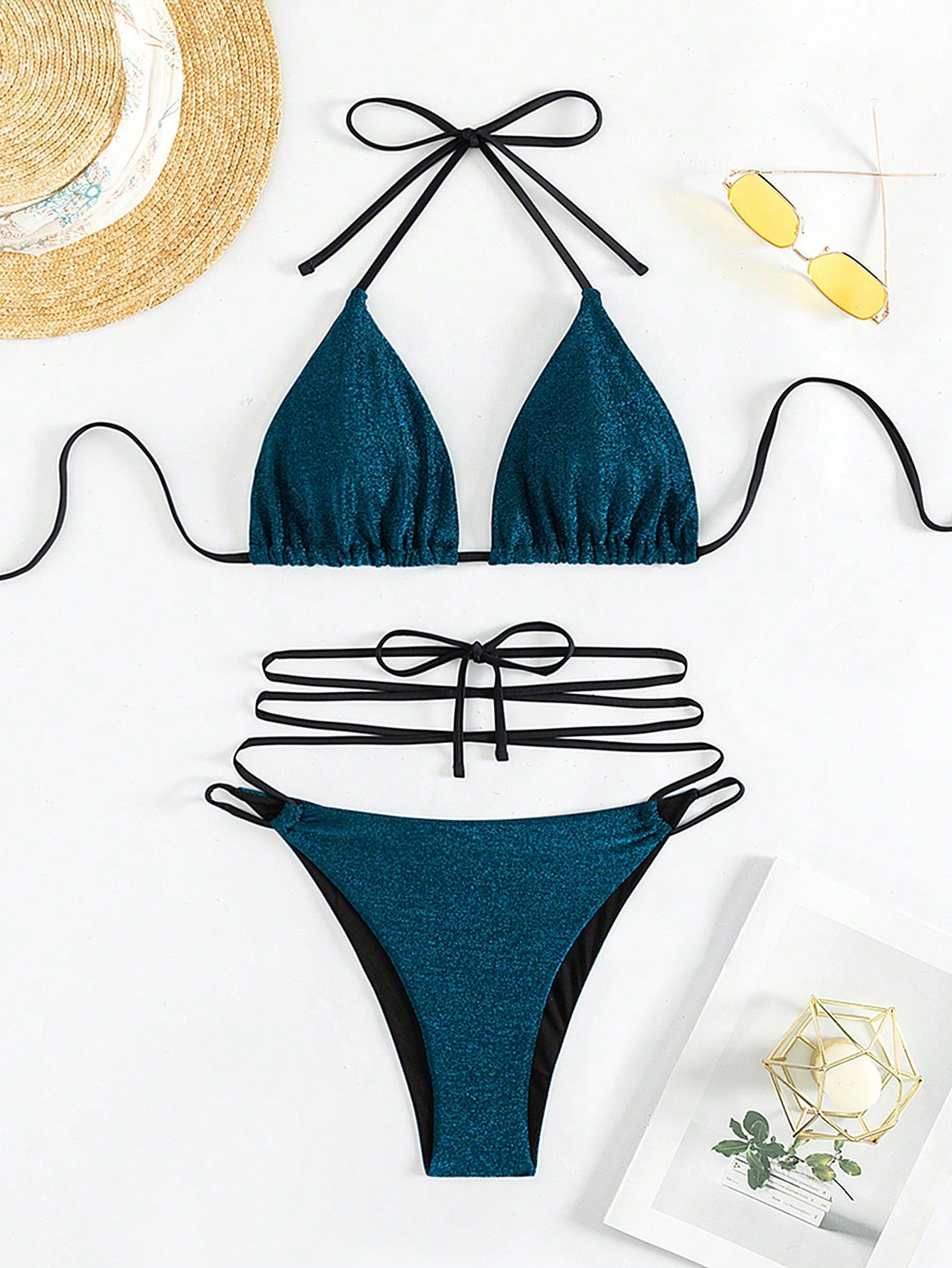 Sparkling Triangle Cup Crisscross Tie Knot Bikini Set