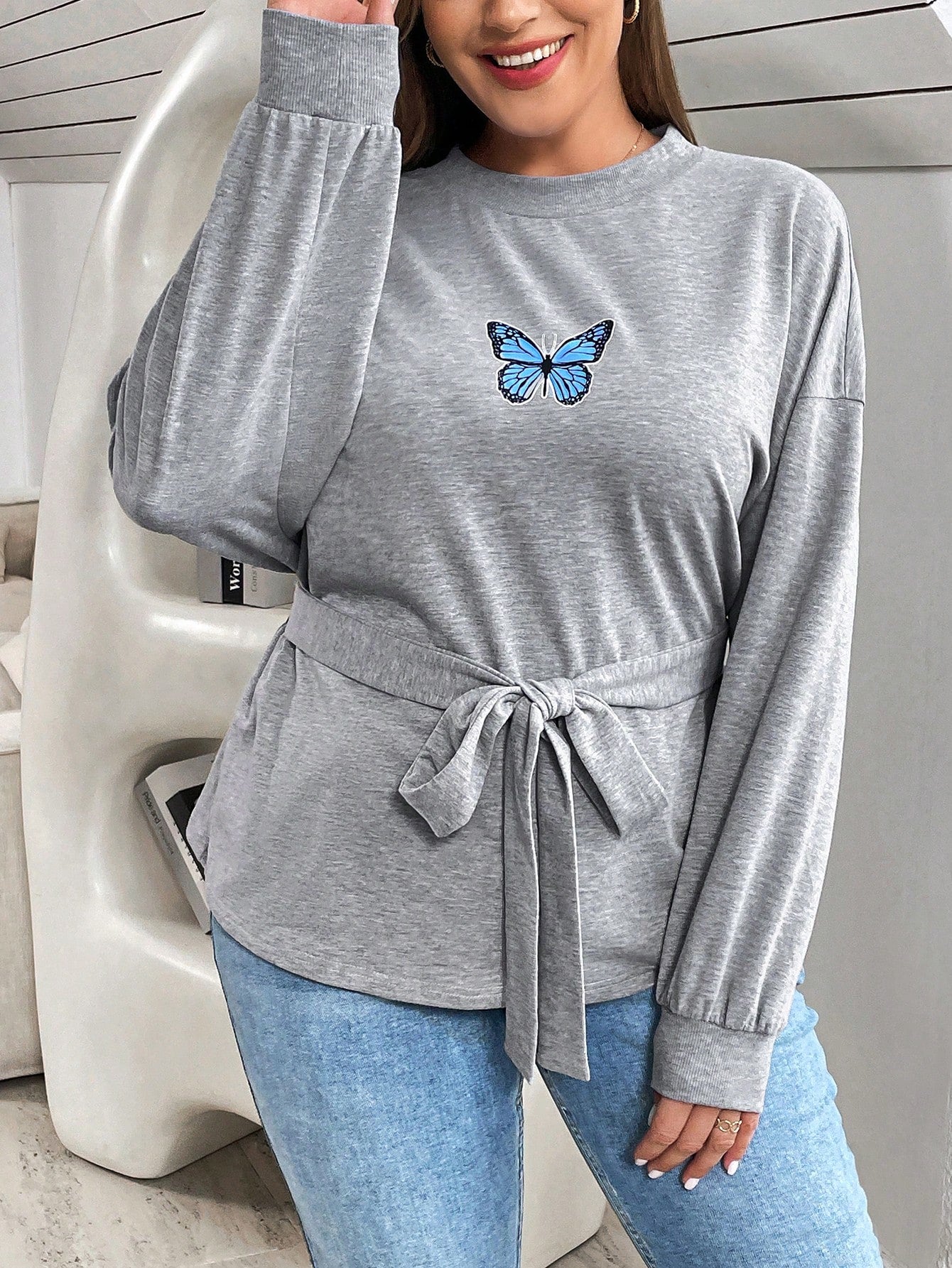 Women'S Plus Size Butterfly Pattern Drop Shoulder T-Shirt