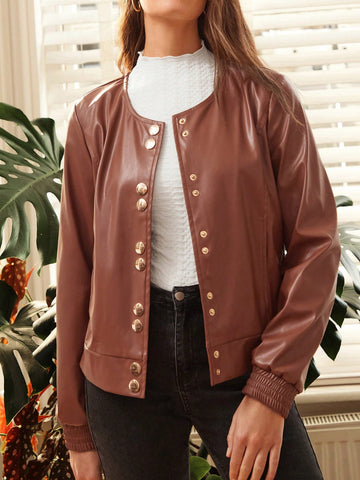 Women's Collarless Single Breasted Pu Jacket