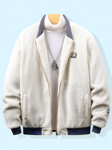 Men's Loose Winter Coat With Color-Block & Patched Detail And Zipper Closure