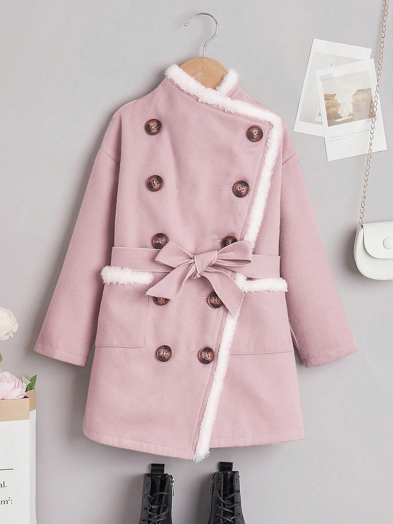 Girls' Double-breasted Striped Diagonal Placket Design Woolen Coat With Belt, For Older Children