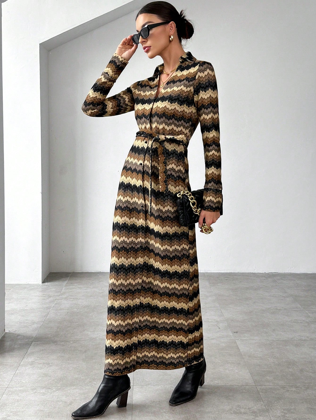 Women's Striped Print Belted Shirt Dress