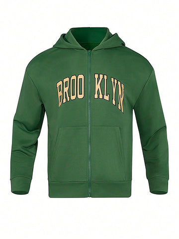 Men's Hooded Sports Jacket With Printed Letters Workout Tops