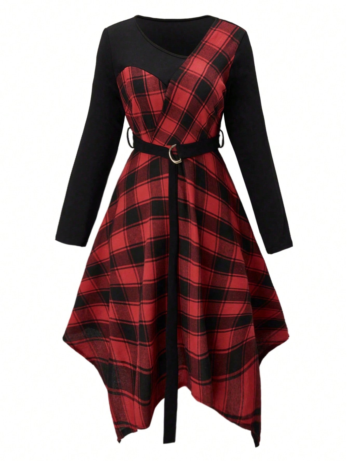 Plus Plaid Print Asymmetrical Hem Belted Dress