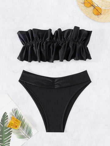 Solid Color Pleated Ruffle Bandeau Bikini Set For Women