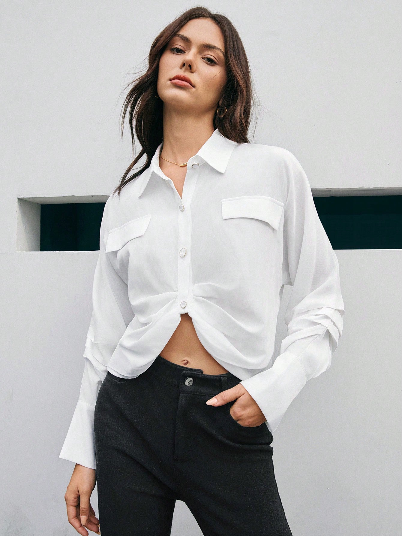 Women's Solid Color Flip Detail Curved Hem Shirt Button Up Shirt