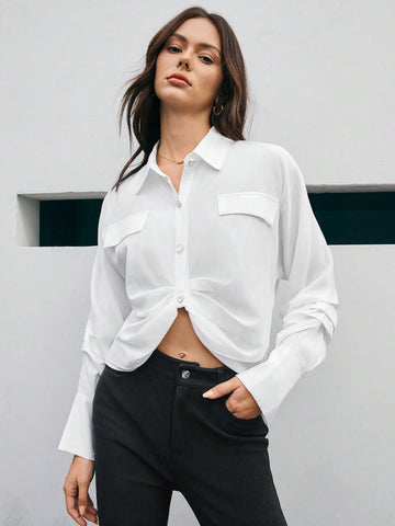 Women's Solid Color Flip Detail Curved Hem Shirt Button Up Shirt