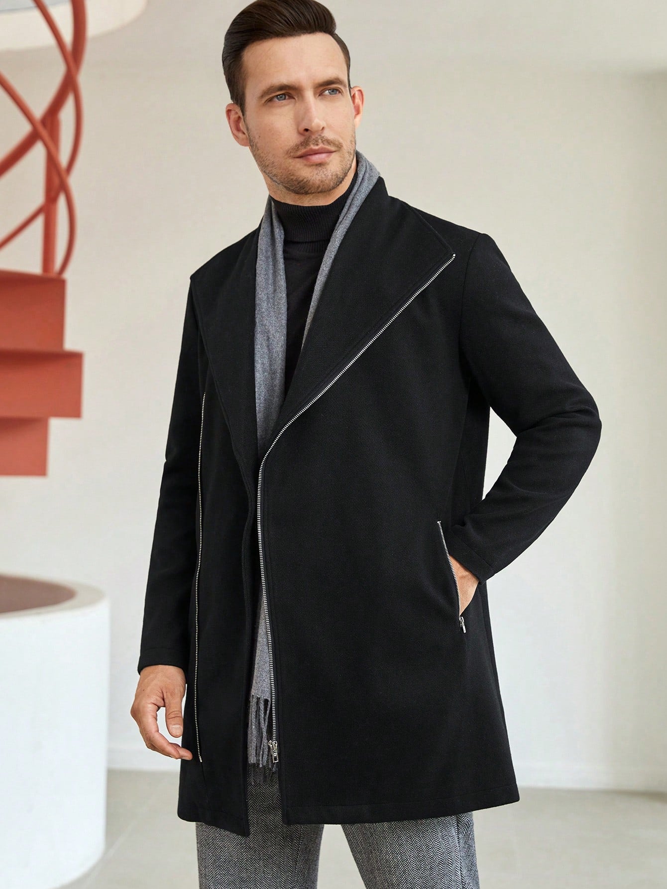 Men 1pc Zip Up Overcoat