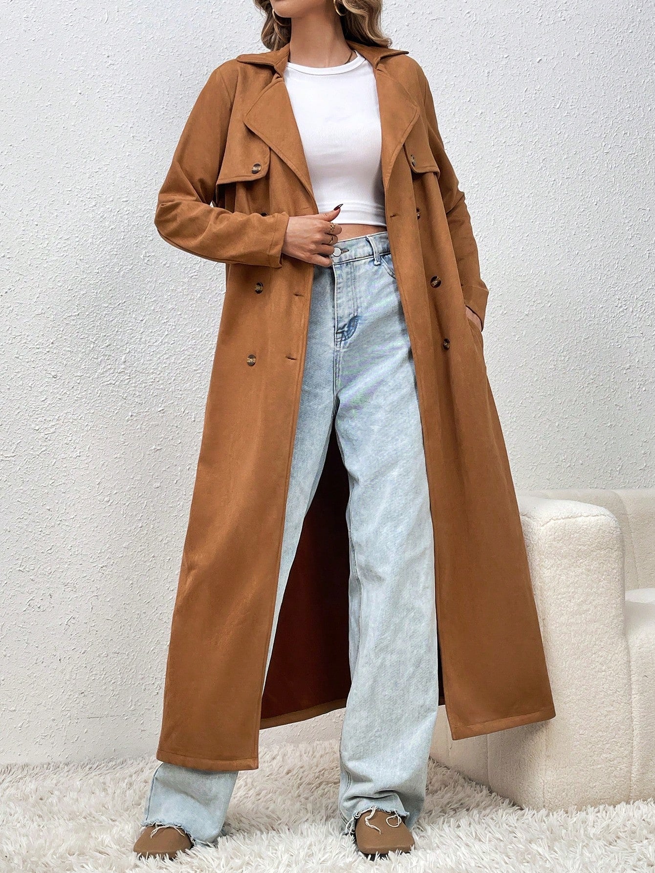 Solid Color Lapel Collar Double Breasted Belted Trench Coat