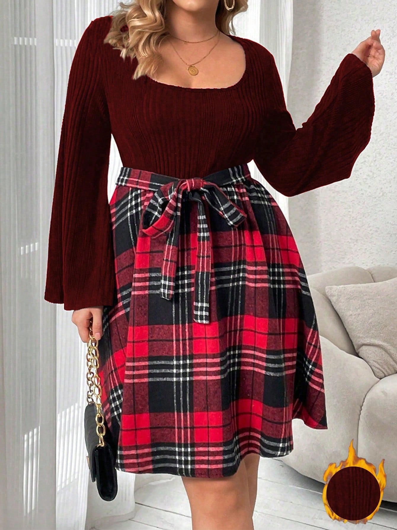 Plus Size Plaid Belted Bell Sleeve Dress