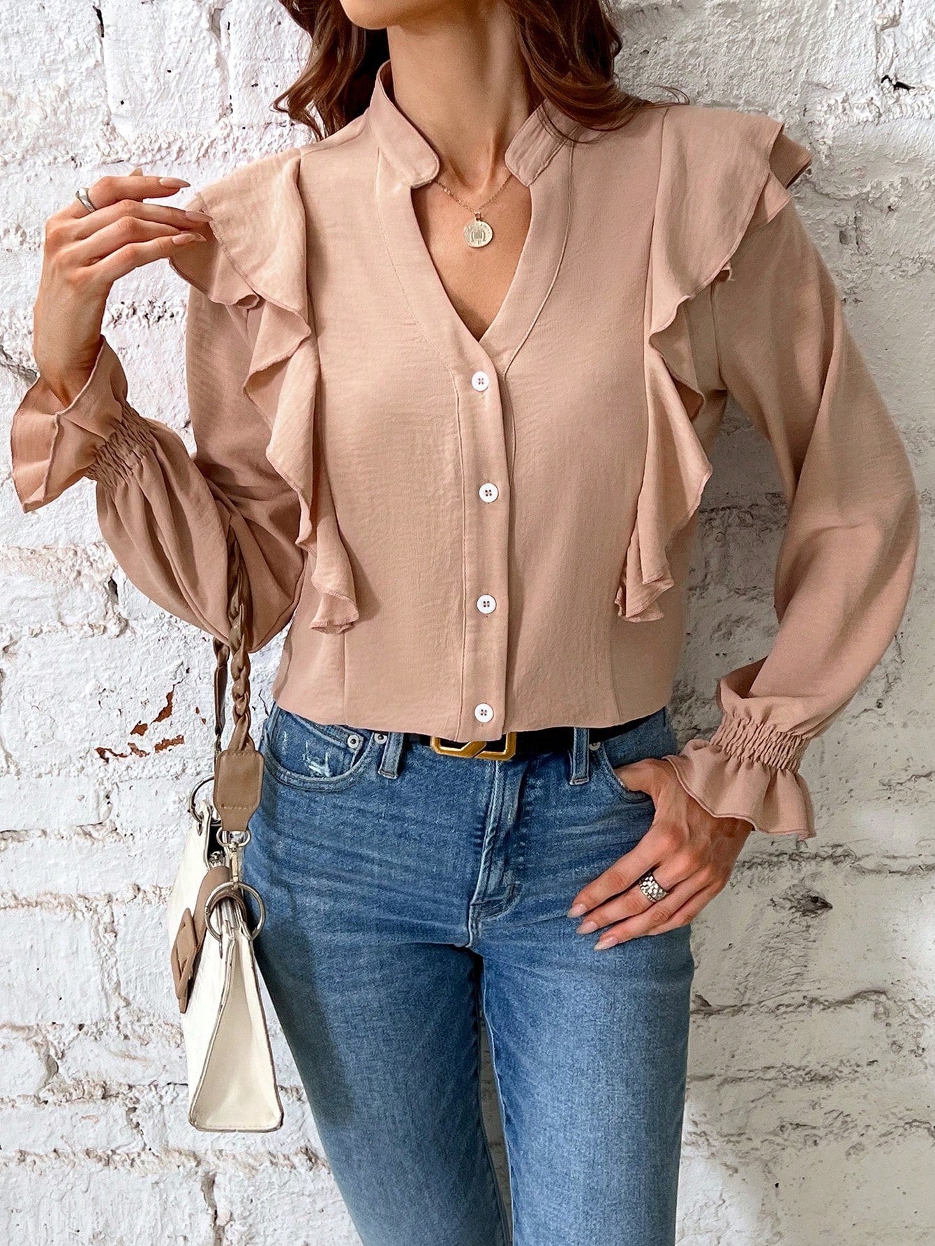 Women's Ruffle Edge Notch Neck Blouse