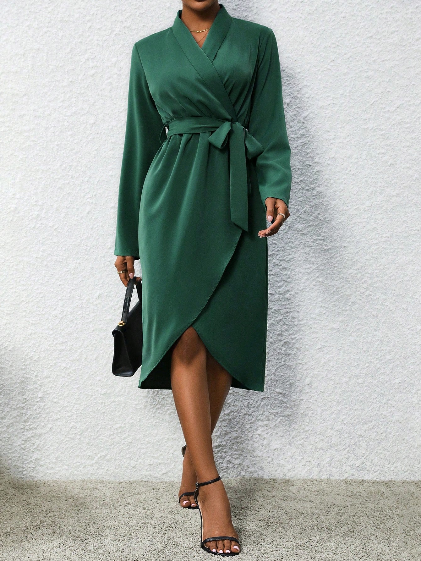 Women's Solid Color Mandarin Collar Wrap Belted Dress