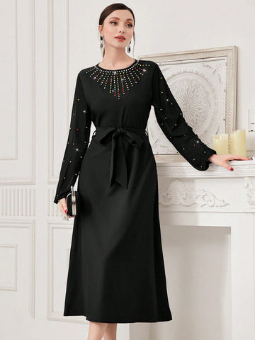 Women's Colorful Rhinestone Embellished Lantern Sleeve Dress