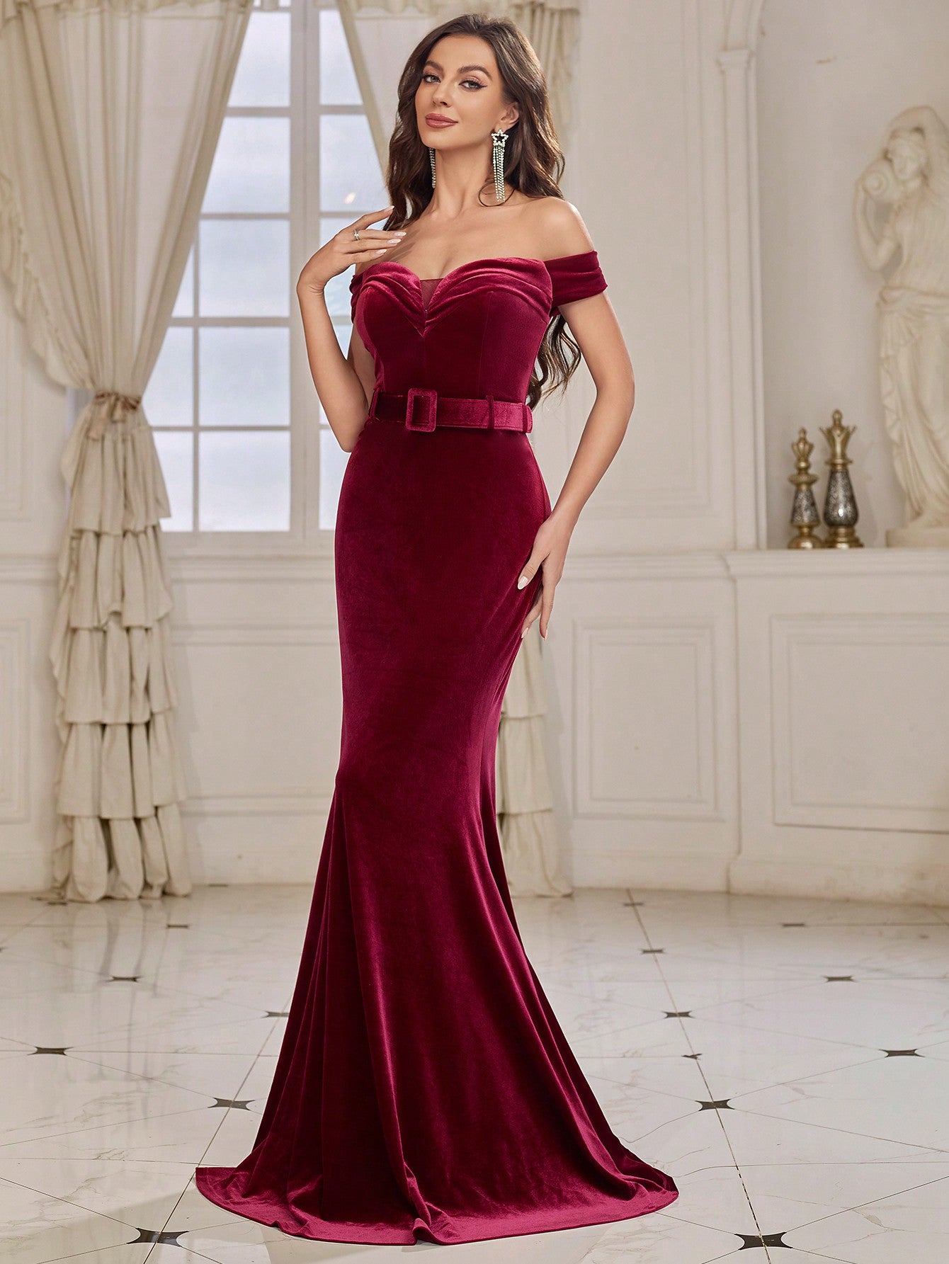 Ladies' Off Shoulder Velvet Formal Evening Dress (premium Design)