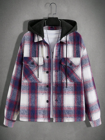 Loose-Fit Men's Plaid Hooded Overcoat With Drop Shoulder, Flap Pocket And Drawstring, Without T-Shirt