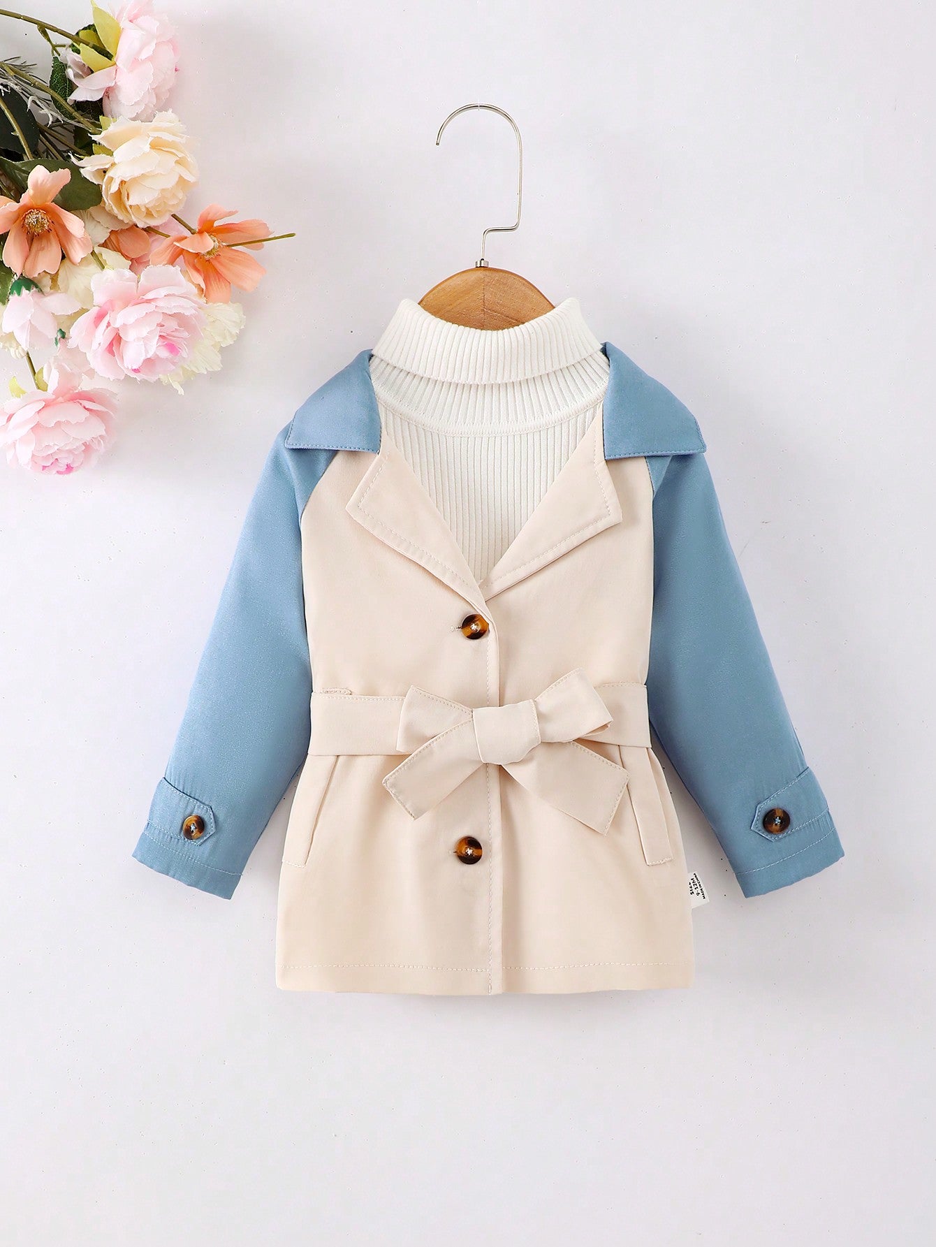 Baby Girls' Leisure Color Block Long Sleeve Belted Trench Coat, Winter