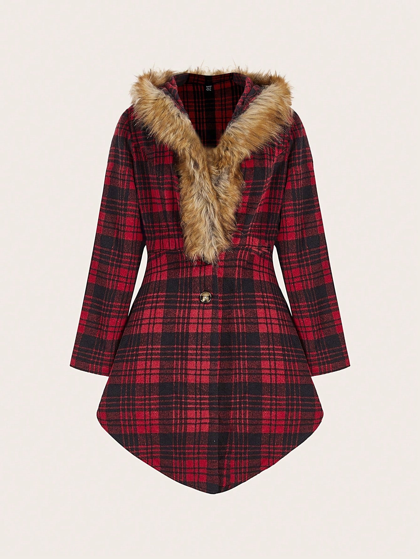 Plaid Print Fuzzy Trim Overcoat