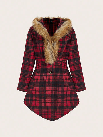 Plaid Print Fuzzy Trim Overcoat