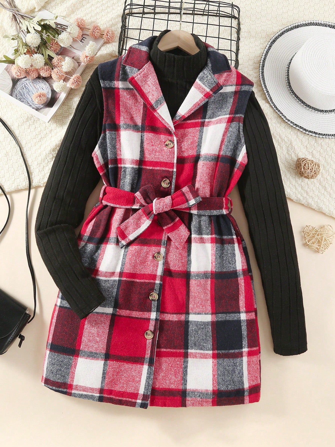 2-Piece Teenage Girls Two-Piece High-Neck Trench T-Shirt Plaid Sleeveless Vest Jacket Top Belt Style Two-Piece Autumn Set