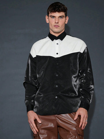 Oversized Men's Colorblock Lapel Long Sleeve Shirt