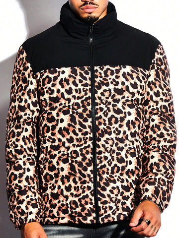 Men Leopard Print Puffer Coat