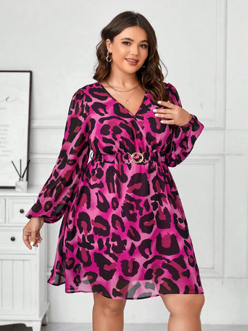 Plus Size Women's Leopard Print Wrap Collar Dress