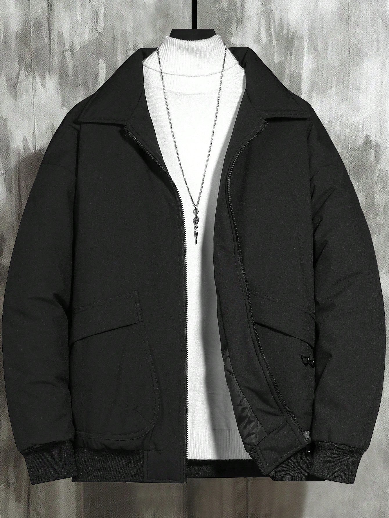 Loose Fit Men's Black Quilted Coat With Concealed Pockets