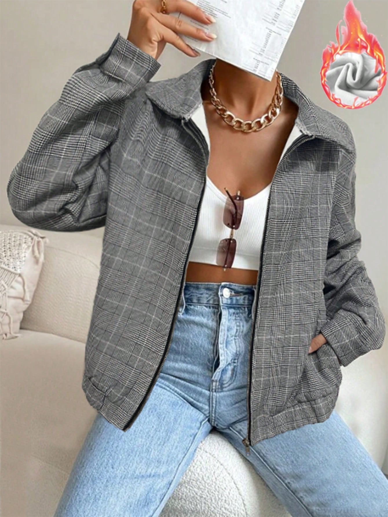 Plaid Print Zip Up Drop Shoulder Jacket