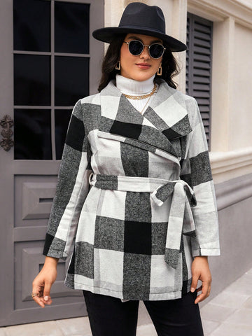 Plus Size Women's Plaid Belted Woolen Jacket Thermal