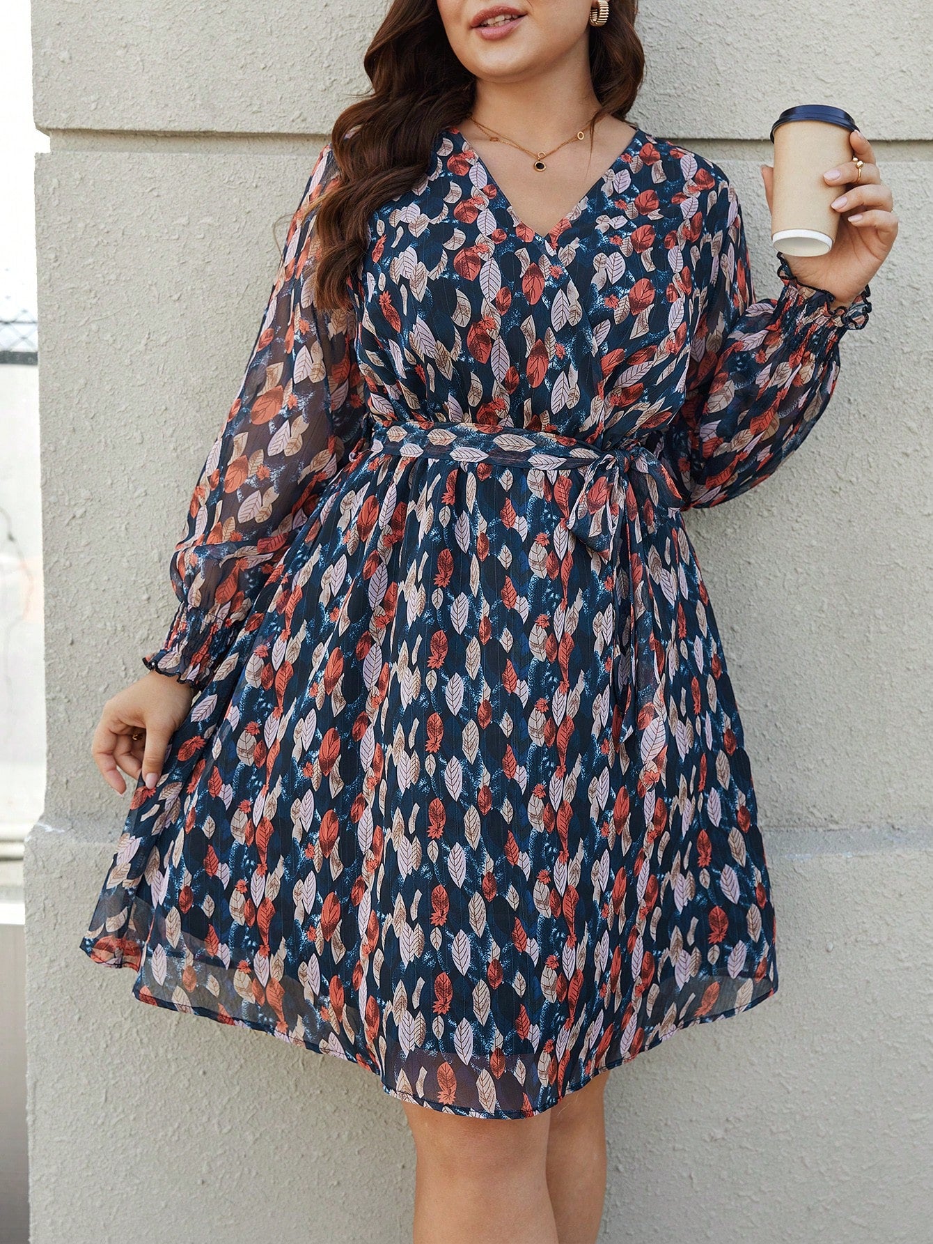 Plus Size Women'S Wrap V-Neck Leaf Printed Shirred Dress