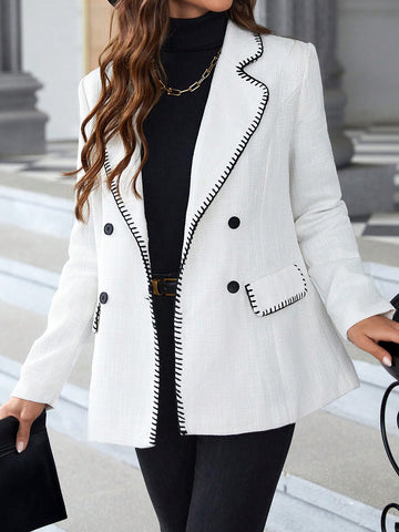 Double-breasted Woolen Coat With Contrast Trim For Women