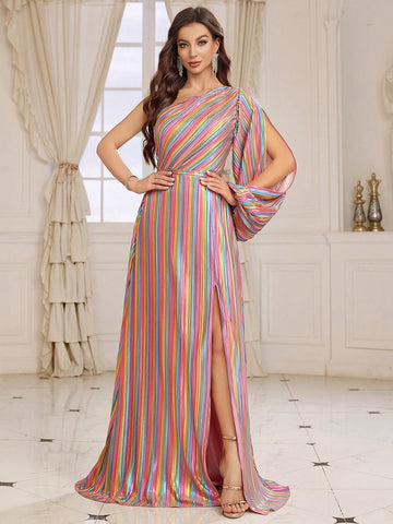 Ladies' Striped Single Shoulder Open Split Sleeve Evening Dress (heavy Work)