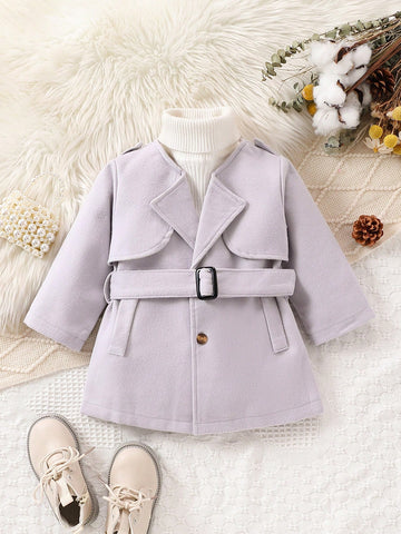 Infant Boys' Thick Wool Fabric Long Sleeve Coat With Belt, Fall And Winter