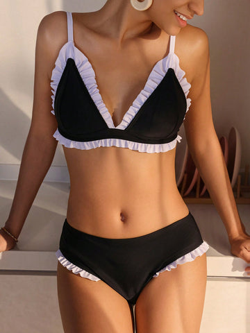 Colorblock Ruffle Trimmed Spaghetti Strap Swimsuit Set