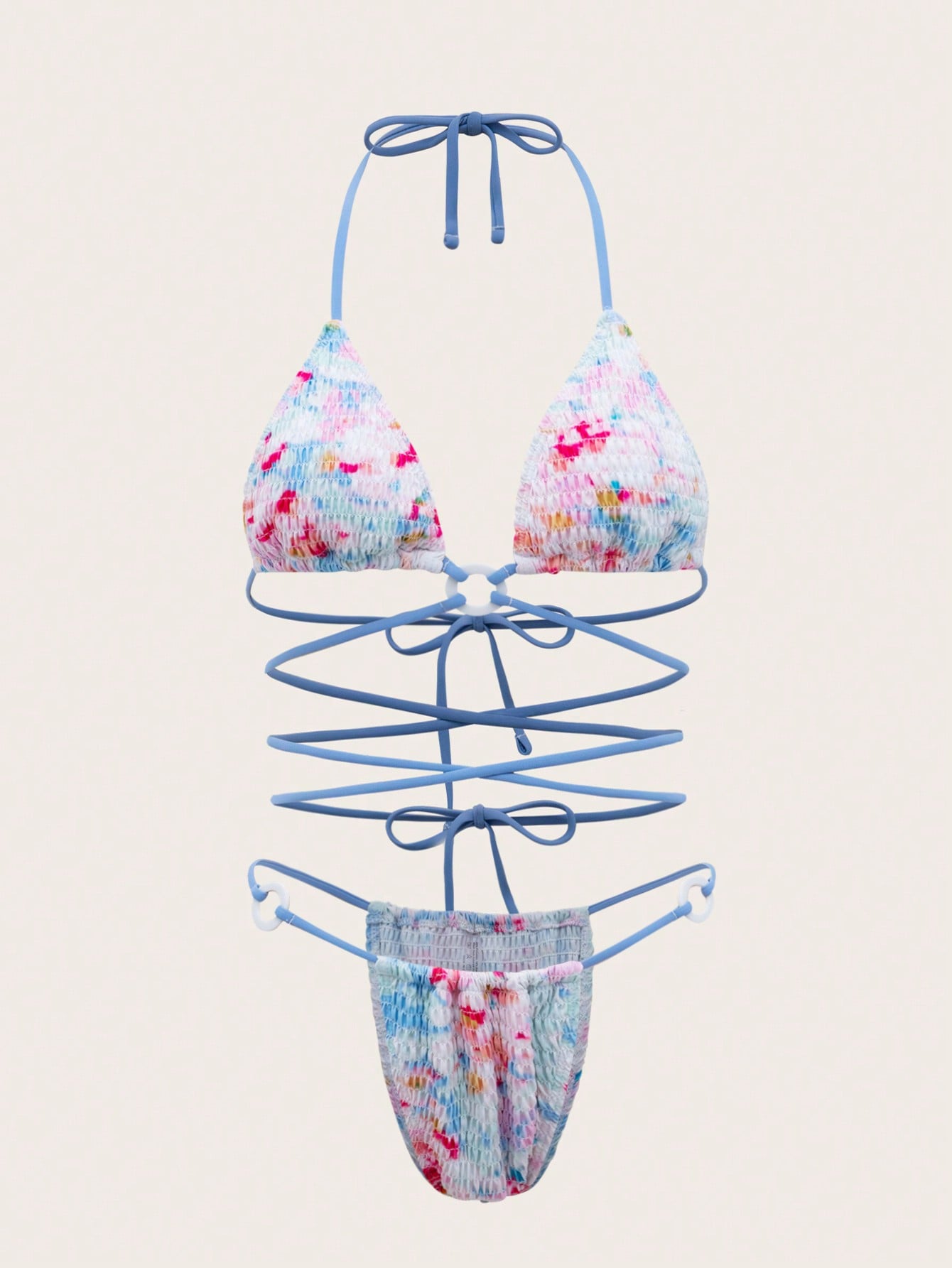 Triangle Bikini Set With Round-rings Decorated Straps And Tie Details, Random Print