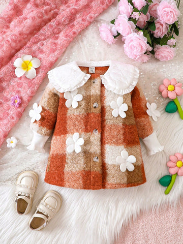 Baby Girls' Plaid Patchwork Doll Collar Woolen Coat With Floral Applique