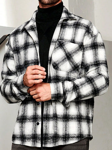 Men's Plaid Print Pocket Patched Oversized Overcoat